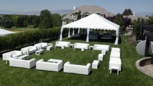 house party with white lounge furniture