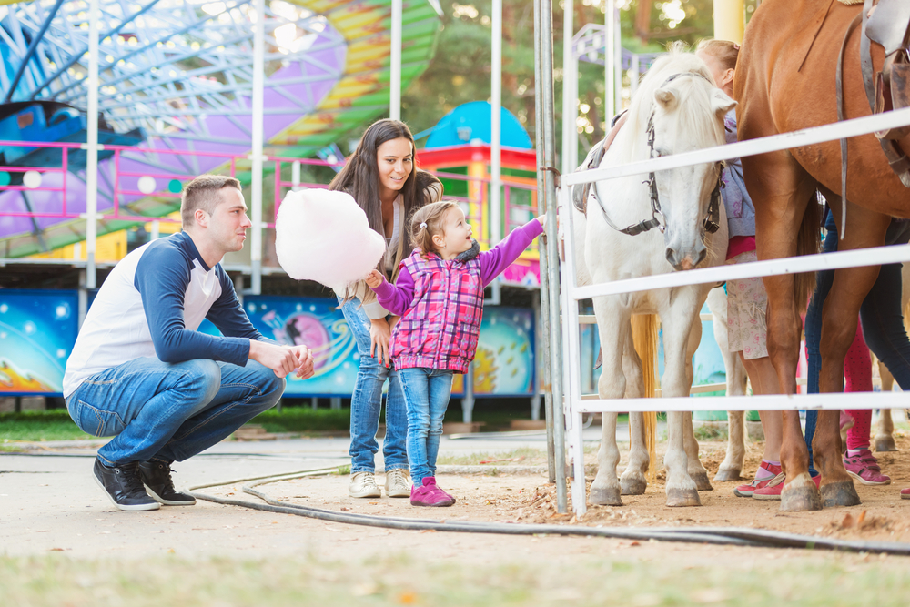 Parents watch their young daughter petting a horse at a carnival.