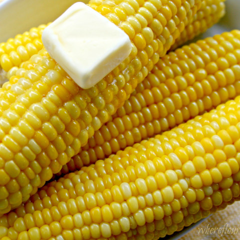 Closeup of yellow corn on the cob with hot butter.
