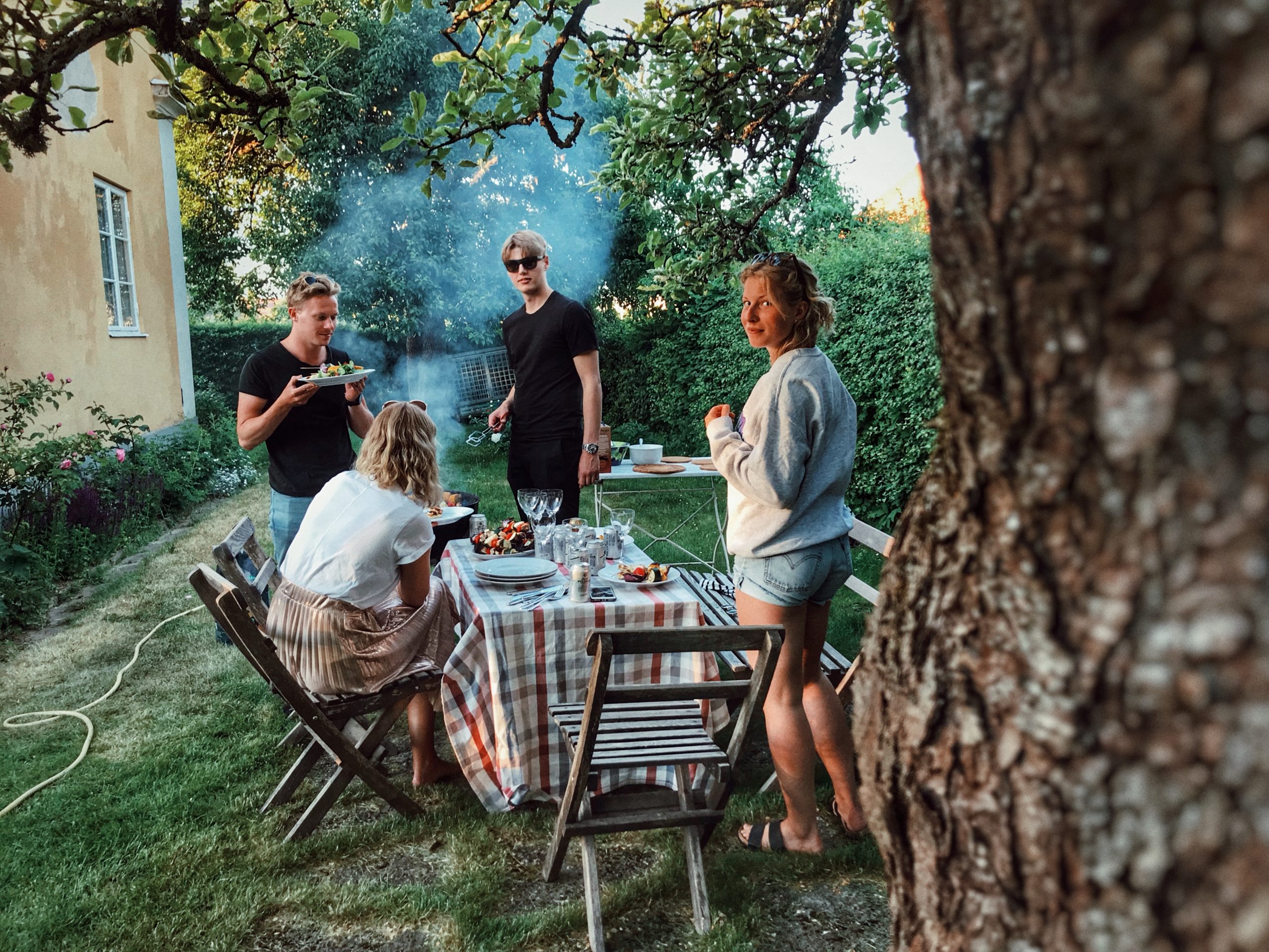 People celebrate with BBQ in a backyard.
