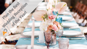 wedding reception dining table with blog title and All Out logo