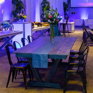 Graystone Banquet Table with LED pillar column and Elio Chairs for rent in Salt Lake City UTah