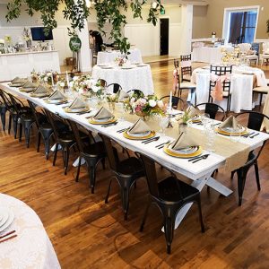 Whitewash Wood Banquet Tables with Metal Elio Chairs in Salt Lake City Utah